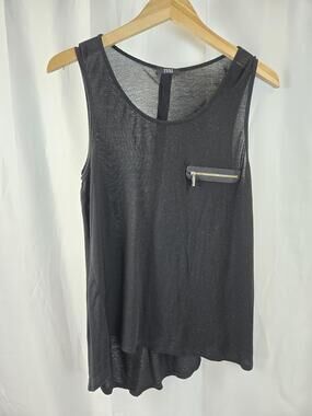 ISSI Tank Top Womens Small Black Sheer Zipper Pocket Button Back High Low Hem